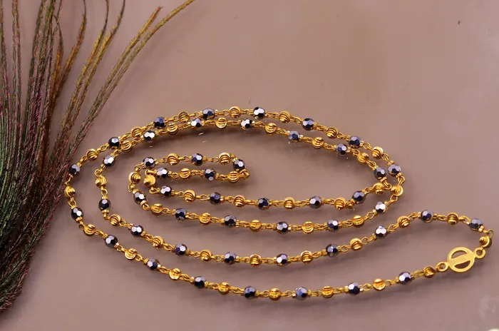 22kt yellow gold handmade fabulous diamond cut design beads with black stone beads mala chain necklace unisex jewelry TRIBAL ORNAMENTS Necklaces