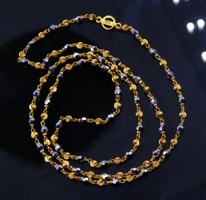 22kt yellow gold handmade fabulous diamond cut design beads with black stone beads mala chain necklace unisex jewelry TRIBAL ORNAMENTS Necklaces