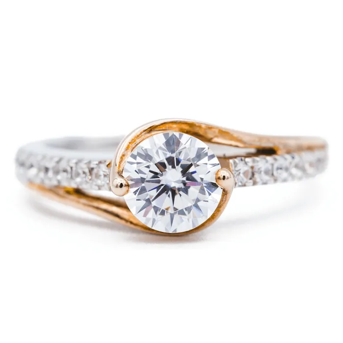 65mm Round Center Two Tone 14K White and Yellow Solid Gold Diamond Bypass Design Shank Ring Fire Brilliance Rings 65mm Round Center Two Tone 14K White and Yellow Solid Gold Diamond Bypass Design Shank Ring Fire Brilliance Rings
