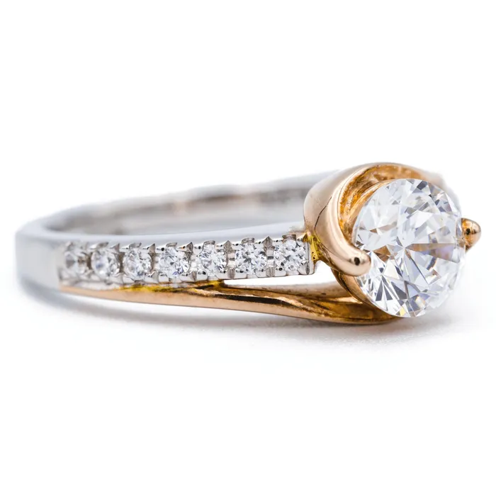 65mm Round Center Two Tone 14K White and Yellow Solid Gold Diamond Bypass Design Shank Ring Fire Brilliance Rings