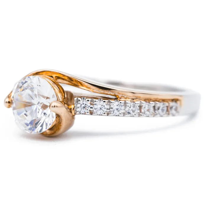 65mm Round Center Two Tone 14K White and Yellow Solid Gold Diamond Bypass Design Shank Ring Fire Brilliance Rings