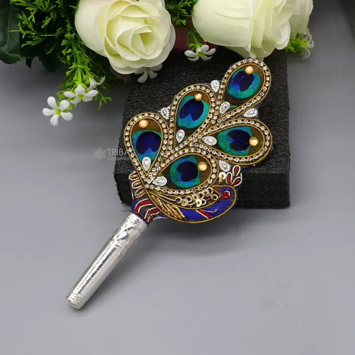 6 Vintage style handmade Wooden base silver Morchhadi with peacock feather best lord krishna laddu gopala silver pankhi silver fan su1219 TRIBAL ORNAMENTS Necklaces 6 Vintage style handmade Wooden base silver Morchhadi with peacock feather best lord krishna laddu gopala silver pankhi silver fan su1219 TRIBAL ORNAMENTS Necklaces