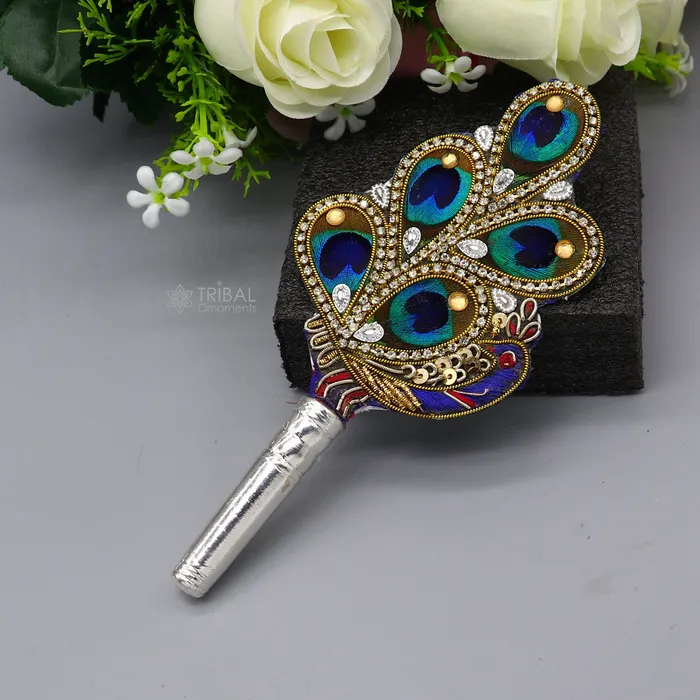 6 Vintage style handmade Wooden base silver Morchhadi with peacock feather best lord krishna laddu gopala silver pankhi silver fan su1219 TRIBAL ORNAMENTS Necklaces 6 Vintage style handmade Wooden base silver Morchhadi with peacock feather best lord krishna laddu gopala silver pankhi silver fan su1219 TRIBAL ORNAMENTS Necklaces