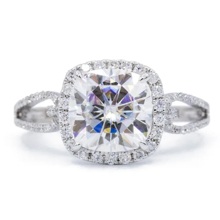 75MM CUSHION MOISSANITE 14K WHITE GOLD HALO BOW TIE DIAMOND MICRO PAVE RING Fire Brilliance Rings 75MM CUSHION MOISSANITE 14K WHITE GOLD HALO BOW TIE DIAMOND MICRO PAVE RING Fire Brilliance Rings