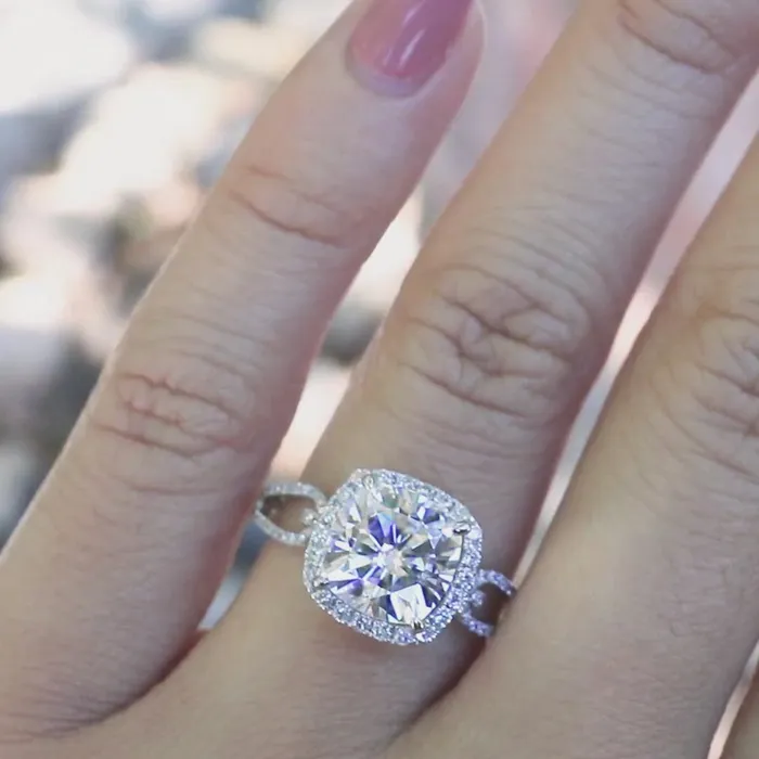 75MM CUSHION MOISSANITE 14K WHITE GOLD HALO BOW TIE DIAMOND MICRO PAVE RING Fire Brilliance Rings