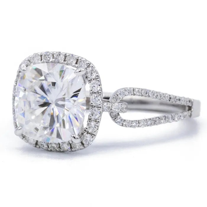 75MM CUSHION MOISSANITE 14K WHITE GOLD HALO BOW TIE DIAMOND MICRO PAVE RING Fire Brilliance Rings