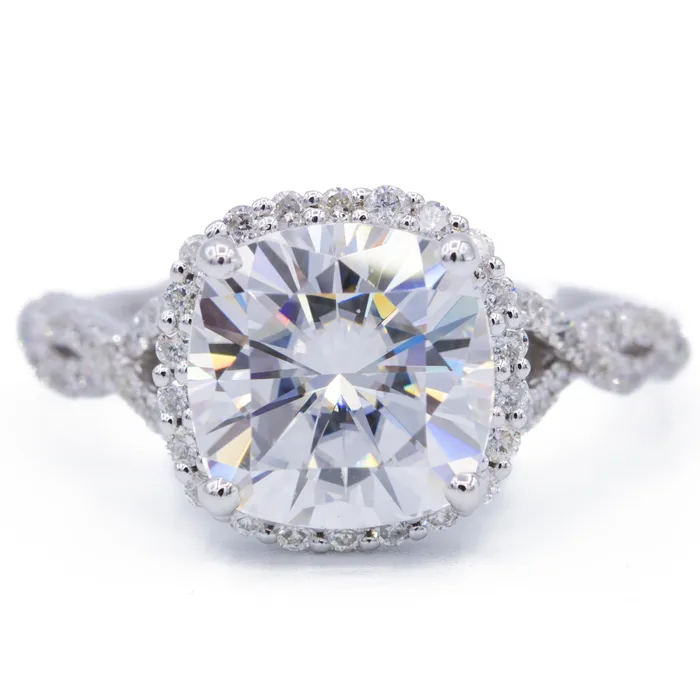 8mm Cushion Center 14k White Gold Infinity Band Halo MicroPave Diamond Ring Fire Brilliance Rings 8mm Cushion Center 14k White Gold Infinity Band Halo MicroPave Diamond Ring Fire Brilliance Rings