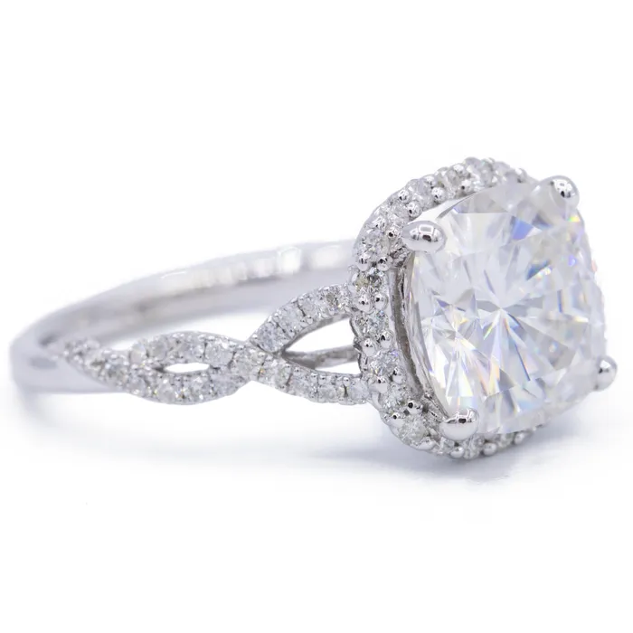 8mm Cushion Center 14k White Gold Infinity Band Halo MicroPave Diamond Ring Fire Brilliance Rings