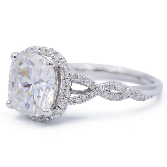 8mm Cushion Center 14k White Gold Infinity Band Halo MicroPave Diamond Ring Fire Brilliance Rings