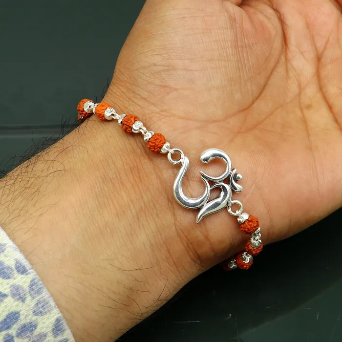 925 Sterling silver customized rudraksha beaded AUM Rakhi or bracelet best gift for your brothers for special Rakshabandhan rk002 TRIBAL ORNAMENTS Bracelets 925 Sterling silver customized rudraksha beaded AUM Rakhi or bracelet best gift for your brothers for special Rakshabandhan rk002 TRIBAL ORNAMENTS Bracelets