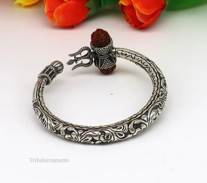 925 sterling silver customized Shiva trident stunning bangle mens bracelet excellent Nakshi work mens gifting jewelry from India nsk264 TRIBAL ORNAMENTS Bracelets