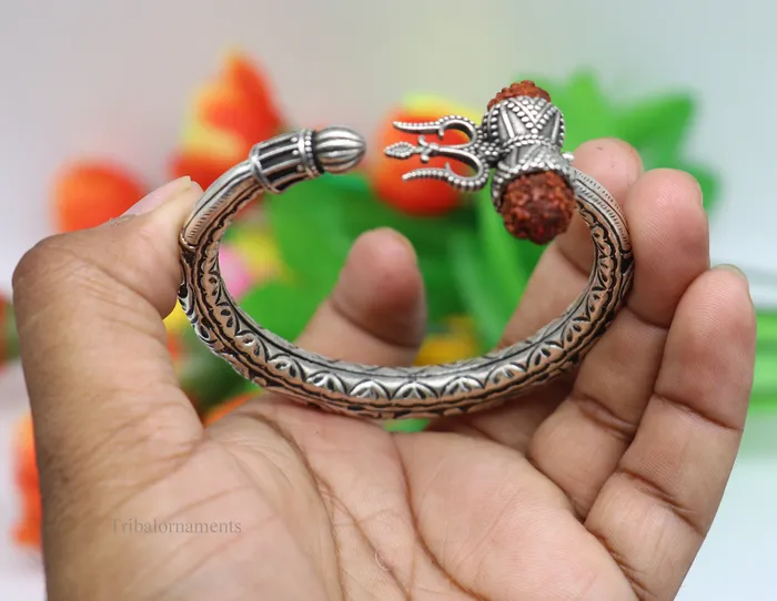 925 sterling silver customized Shiva trident stunning bangle mens bracelet excellent Nakshi work mens gifting jewelry from India nsk264 TRIBAL ORNAMENTS Bracelets