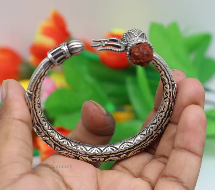 925 sterling silver customized Shiva trident stunning bangle mens bracelet excellent Nakshi work mens gifting jewelry from India nsk264 TRIBAL ORNAMENTS Bracelets