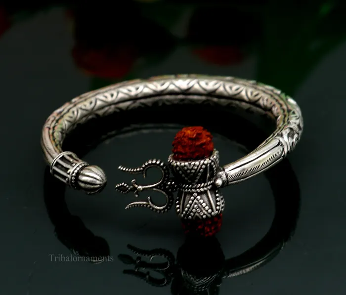 925 sterling silver customized Shiva trident stunning bangle mens bracelet excellent Nakshi work mens gifting jewelry from India nsk264 TRIBAL ORNAMENTS Bracelets