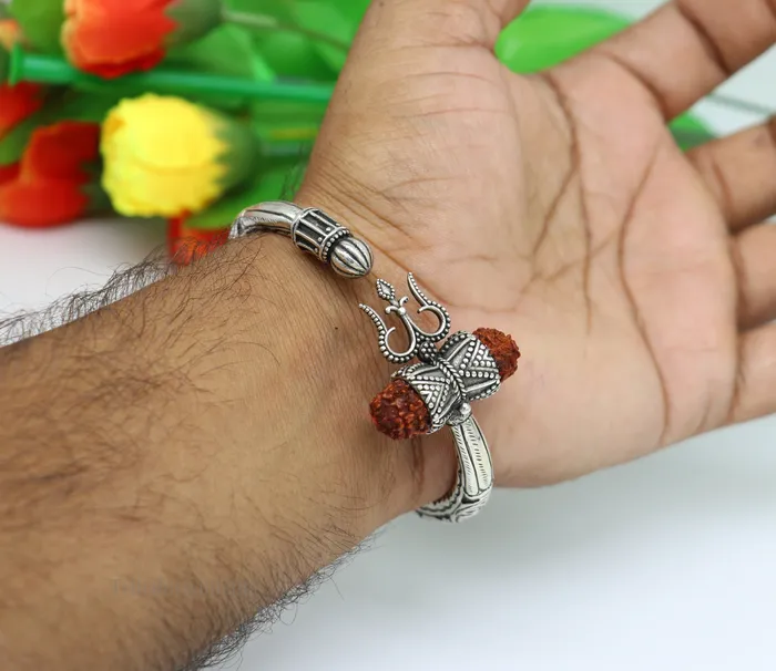 925 sterling silver customized Shiva trident stunning bangle mens bracelet excellent Nakshi work mens gifting jewelry from India nsk264 TRIBAL ORNAMENTS Bracelets