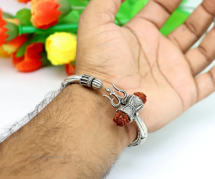 925 sterling silver customized Shiva trident stunning bangle mens bracelet excellent Nakshi work mens gifting jewelry from India nsk264 TRIBAL ORNAMENTS Bracelets