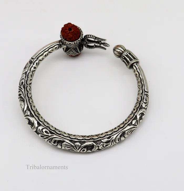 925 sterling silver customized Shiva trident stunning bangle mens bracelet excellent Nakshi work mens gifting jewelry from India nsk264 TRIBAL ORNAMENTS Bracelets