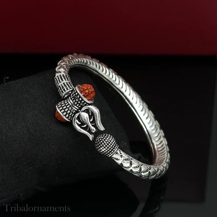 925 Sterling silver handmade chitai work Lord Shiva trident trishul kada bangle bracelet natural Rudraksha beads customized kada nsk380 TRIBAL ORNAMENTS Bracelets 925 Sterling silver handmade chitai work Lord Shiva trident trishul kada bangle bracelet natural Rudraksha beads customized kada nsk380 TRIBAL ORNAMENTS Bracelets