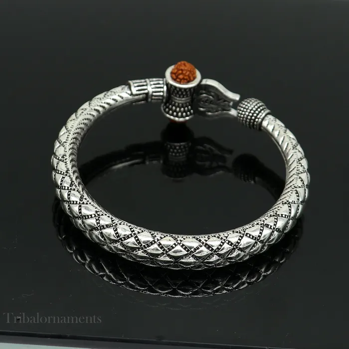 925 Sterling silver handmade chitai work Lord Shiva trident trishul kada bangle bracelet natural Rudraksha beads customized kada nsk380 TRIBAL ORNAMENTS Bracelets