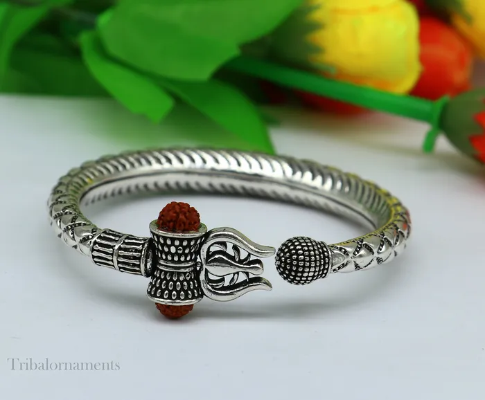 925 Sterling silver handmade chitai work Lord Shiva trident trishul kada bangle bracelet natural Rudraksha beads customized kada nsk380 TRIBAL ORNAMENTS Bracelets