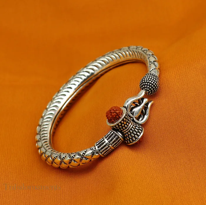 925 Sterling silver handmade chitai work Lord Shiva trident trishul kada bangle bracelet natural Rudraksha beads customized kada nsk380 TRIBAL ORNAMENTS Bracelets