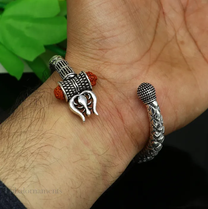 925 Sterling silver handmade chitai work Lord Shiva trident trishul kada bangle bracelet natural Rudraksha beads customized kada nsk380 TRIBAL ORNAMENTS Bracelets