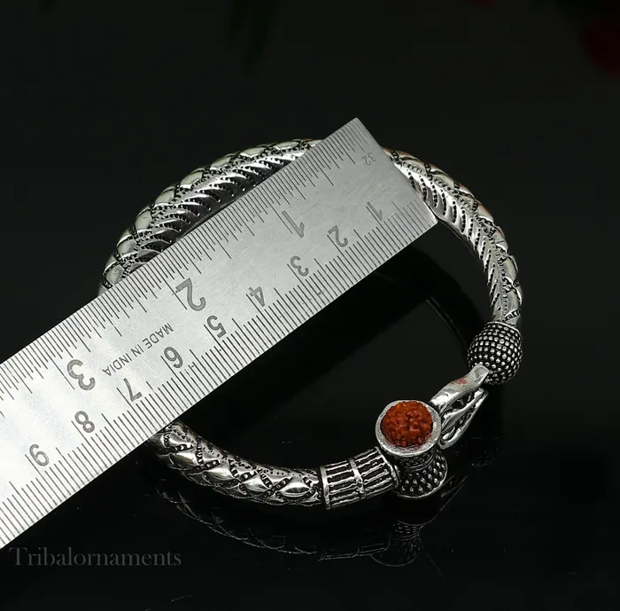 925 Sterling silver handmade chitai work Lord Shiva trident trishul kada bangle bracelet natural Rudraksha beads customized kada nsk380 TRIBAL ORNAMENTS Bracelets