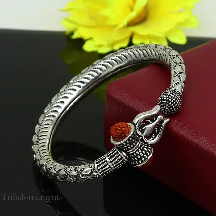925 Sterling silver handmade chitai work Lord Shiva trident trishul kada bangle bracelet natural Rudraksha beads customized kada nsk380 TRIBAL ORNAMENTS Bracelets