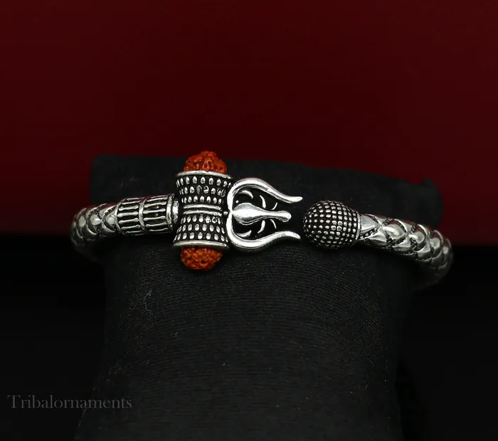 925 Sterling silver handmade chitai work Lord Shiva trident trishul kada bangle bracelet natural Rudraksha beads customized kada nsk380 TRIBAL ORNAMENTS Bracelets