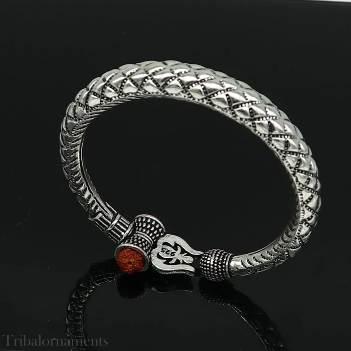 925 Sterling silver handmade chitai work Lord Shiva trident trishul kada bangle bracelet natural Rudraksha beads customized kada nsk380 TRIBAL ORNAMENTS Bracelets