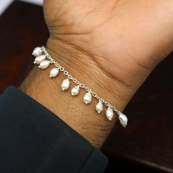 925 sterling silver handmade customized charm bracelet amazing stylish pearl bracelet unisex gifting jewelry belly dance jewelry nsbr192 TRIBAL ORNAMENTS Bracelets