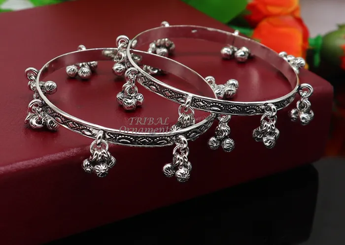 925 sterling silver handmade girls bangle bracelet unique gorgeous jingling bells drops excellent charm brides gifting jewelry ba178 TRIBAL ORNAMENTS Bracelets