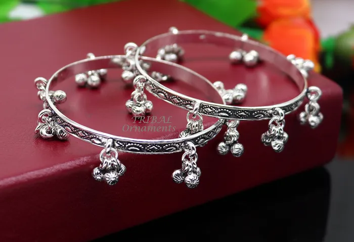 925 sterling silver handmade girls bangle bracelet unique gorgeous jingling bells drops excellent charm brides gifting jewelry ba178 TRIBAL ORNAMENTS Bracelets