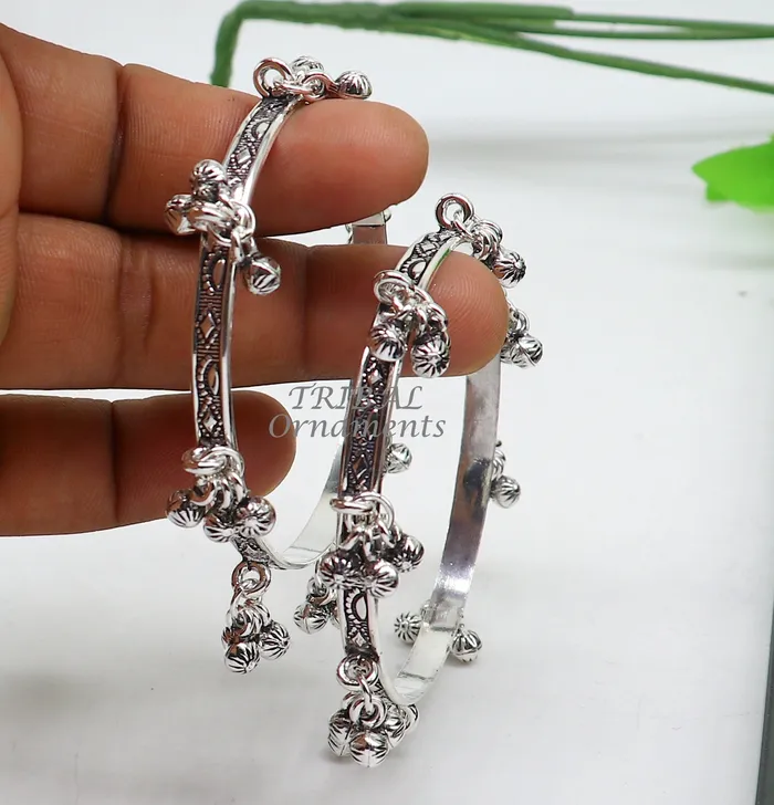 925 sterling silver handmade girls bangle bracelet unique gorgeous jingling bells drops excellent charm brides gifting jewelry ba178 TRIBAL ORNAMENTS Bracelets