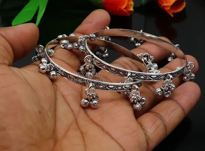 925 sterling silver handmade girls bangle bracelet unique gorgeous jingling bells drops excellent charm brides gifting jewelry ba178 TRIBAL ORNAMENTS Bracelets