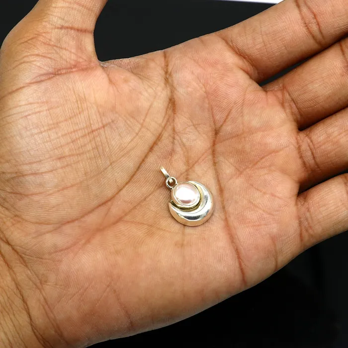 925 sterling silver handmade moon pendant with natural pearl stunning unisex pearl moon pendant best gifting jewelry from india ssp648 TRIBAL ORNAMENTS Necklaces