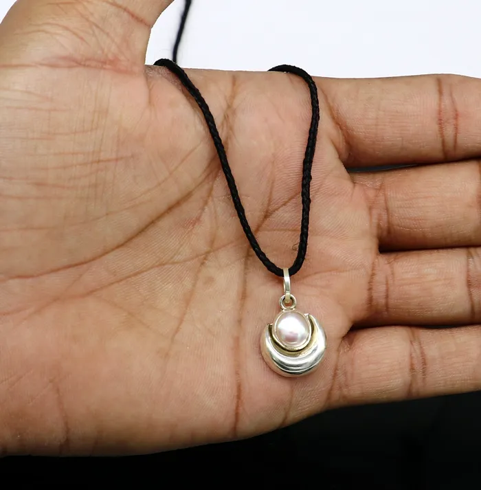925 sterling silver handmade moon pendant with natural pearl stunning unisex pearl moon pendant best gifting jewelry from india ssp648 TRIBAL ORNAMENTS Necklaces