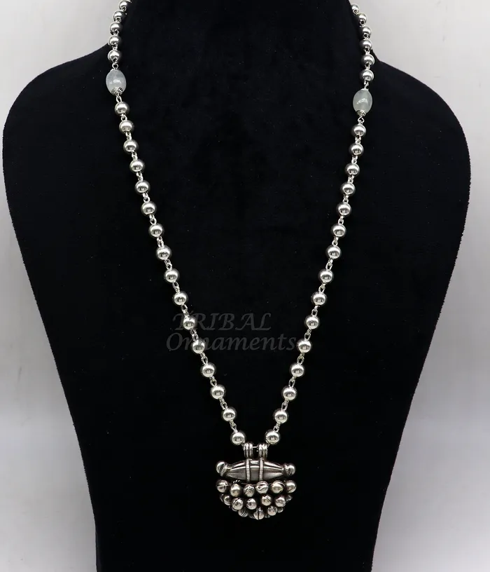 925 Sterling silver handmade vintage design pendant 6mm beaded necklace with hangings drops excellent tribal ethnic jewelry Rajasthan set530 TRIBAL ORNAMENTS Necklaces 925 Sterling silver handmade vintage design pendant 6mm beaded necklace with hangings drops excellent tribal ethnic jewelry Rajasthan set530 TRIBAL ORNAMENTS Necklaces