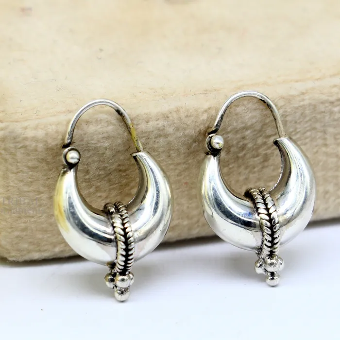 925 sterling silver Handmade vintage ethnic style hoops earrings Kundal unisex tribal stylish unique Bali jewelry from India ear1223 TRIBAL ORNAMENTS Earrings