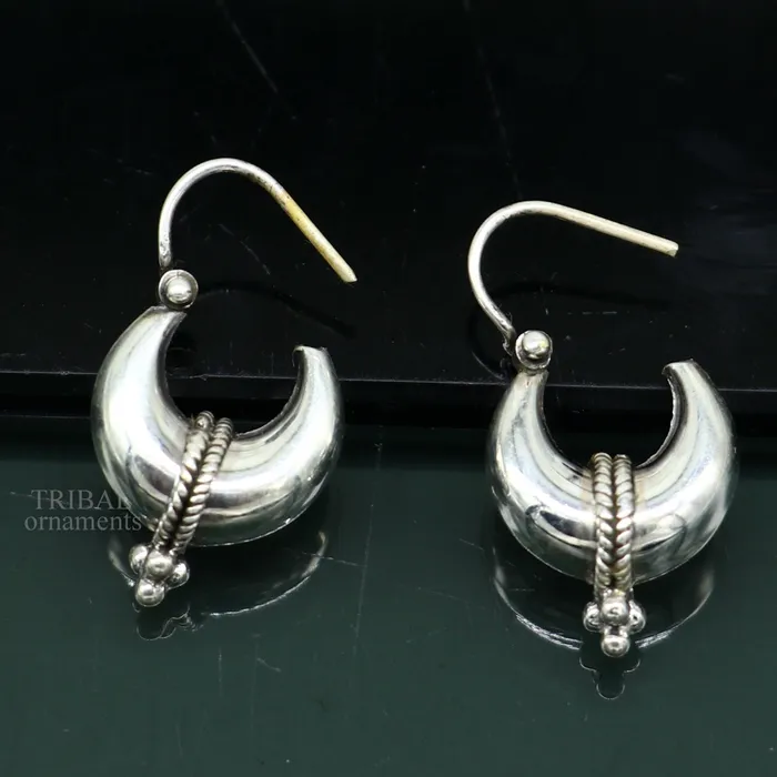 925 sterling silver Handmade vintage ethnic style hoops earrings Kundal unisex tribal stylish unique Bali jewelry from India ear1223 TRIBAL ORNAMENTS Earrings