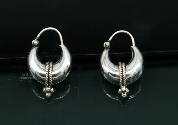 925 sterling silver Handmade vintage ethnic style hoops earrings Kundal unisex tribal stylish unique Bali jewelry from India ear1223 TRIBAL ORNAMENTS Earrings