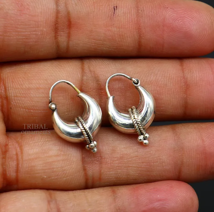 925 sterling silver Handmade vintage ethnic style hoops earrings Kundal unisex tribal stylish unique Bali jewelry from India ear1223 TRIBAL ORNAMENTS Earrings