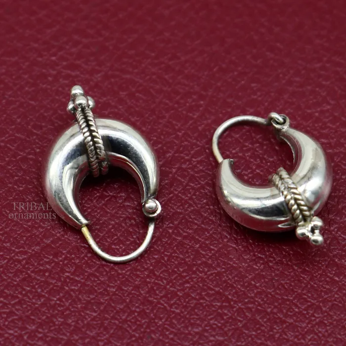 925 sterling silver Handmade vintage ethnic style hoops earrings Kundal unisex tribal stylish unique Bali jewelry from India ear1223 TRIBAL ORNAMENTS Earrings