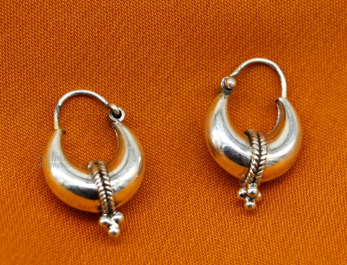 925 sterling silver Handmade vintage ethnic style hoops earrings Kundal unisex tribal stylish unique Bali jewelry from India ear1223 TRIBAL ORNAMENTS Earrings