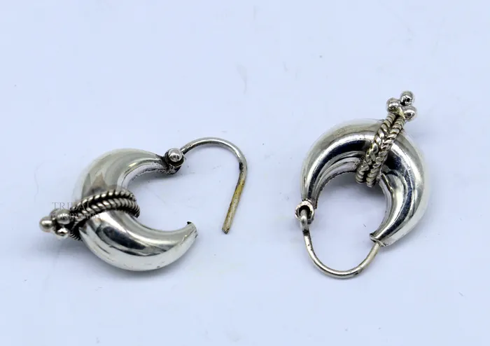925 sterling silver Handmade vintage ethnic style hoops earrings Kundal unisex tribal stylish unique Bali jewelry from India ear1223 TRIBAL ORNAMENTS Earrings