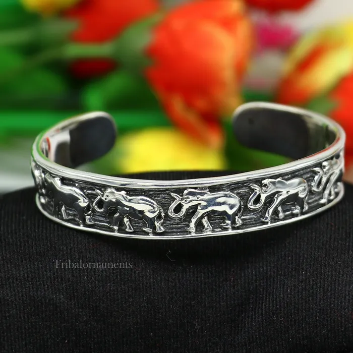 925 sterling silver unique style handcrafted adjustable elephant design cuff bangle bracelet unisex gifting ethnic tribal jewelry nsk367 TribalOrnaments Bracelets