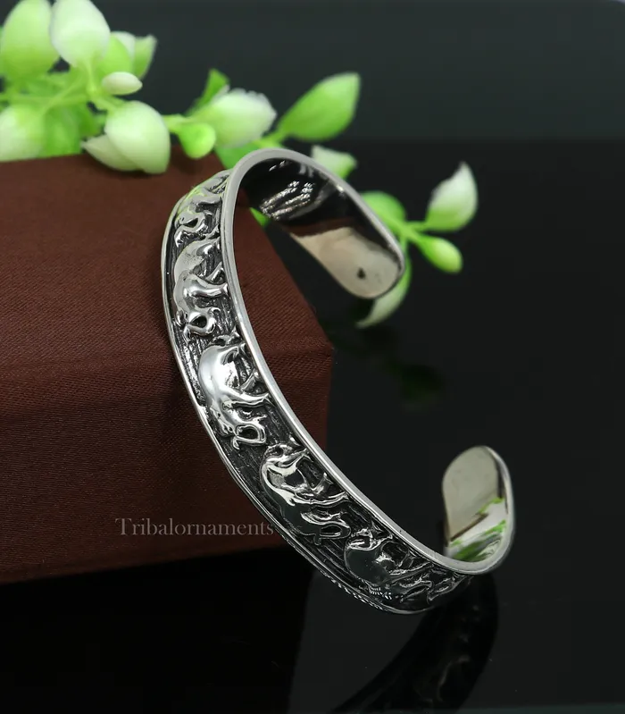 925 sterling silver unique style handcrafted adjustable elephant design cuff bangle bracelet unisex gifting ethnic tribal jewelry nsk367 TribalOrnaments Bracelets