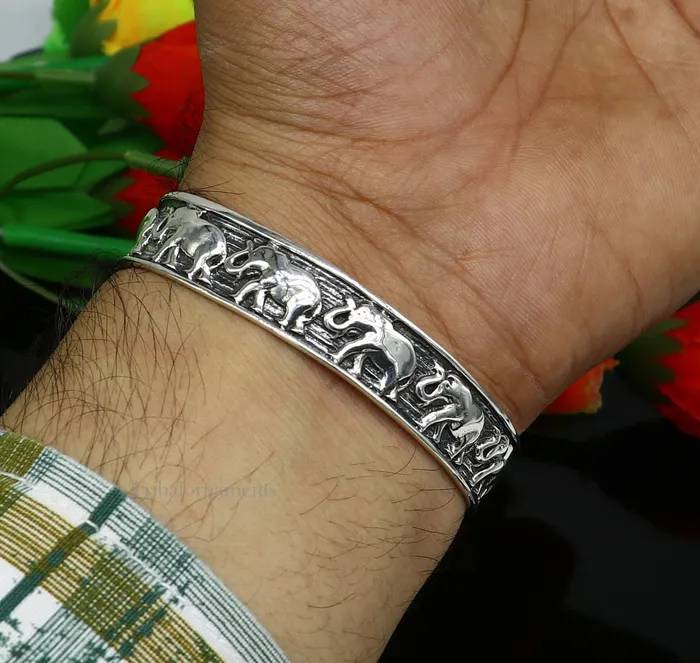 925 sterling silver unique style handcrafted adjustable elephant design cuff bangle bracelet unisex gifting ethnic tribal jewelry nsk367 TribalOrnaments Bracelets