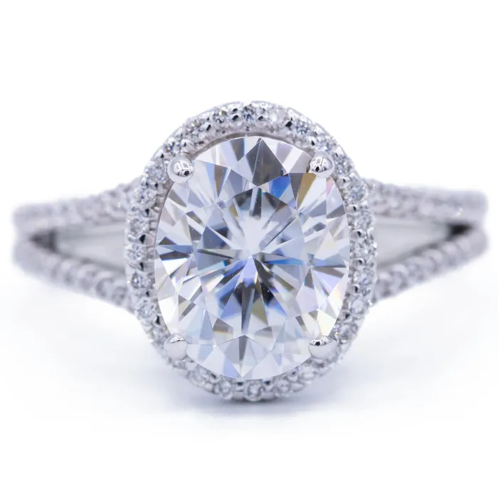 9x7mm Oval Center 14K White Gold Halo Split Shank Diamond Ring Fire Brilliance Rings 9x7mm Oval Center 14K White Gold Halo Split Shank Diamond Ring Fire Brilliance Rings