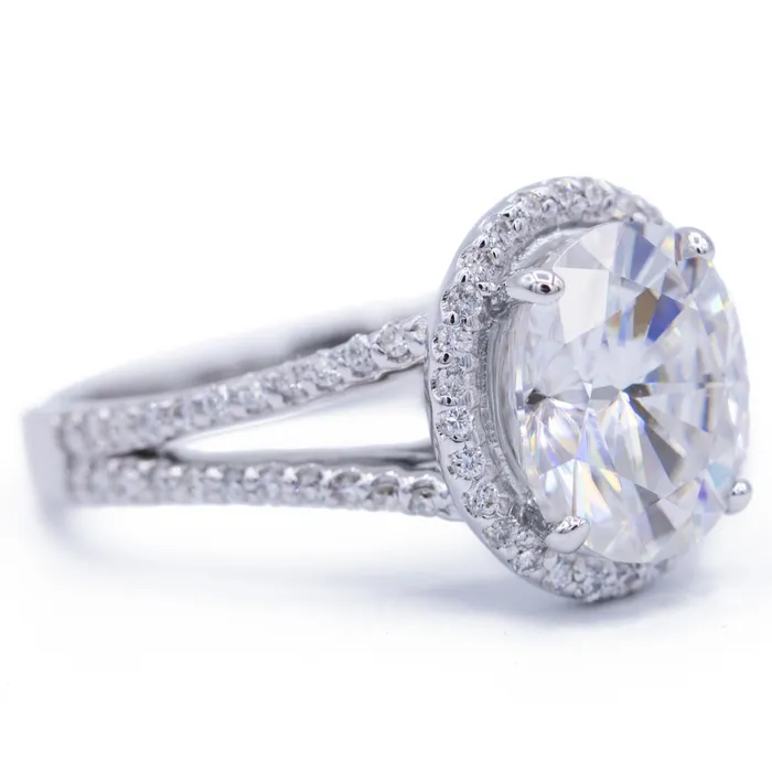 9x7mm Oval Center 14K White Gold Halo Split Shank Diamond Ring Fire Brilliance Rings